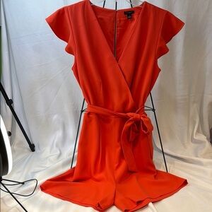 Ann Taylor Women's Orange Jumpsuit, Shorts, Sash, Pockets, Ruffle sleeve, Size 8